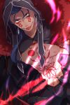  1boy :p blue_hair bodypaint cu_chulainn_(fate)_(all) cu_chulainn_alter_(fate/grand_order) dark_blue_hair dark_persona detached_hood earrings facepaint fangs fate/grand_order fate_(series) fuji121 fur grin hair_strand highres hood hood_up jewelry long_hair looking_at_viewer male_focus muscle pants ponytail red_eyes shirtless skin_tight smile solo spikes tongue tongue_out type-moon 