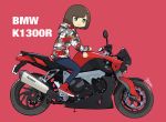  1girl absurdres blue_eyes bob_cut brown_hair camouflage_jacket commentary denim from_side ground_vehicle highres hood hooded_jacket jacket jeans motor_vehicle motorcycle on_motorcycle original pants red_background red_footwear setone shoes short_hair sneakers solo 