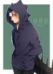  1boy alternate_costume angry beads blue_hair closed_mouth cu_chulainn_(fate)_(all) cu_chulainn_alter_(fate/grand_order) dark_persona facepaint fate/grand_order fate_(series) fuji121 hair_beads hair_ornament hair_strand hands_in_pockets hood hood_up hoodie kaijuu long_hair male_focus monster_boy ponytail red_eyes solo spikes tail type-moon 