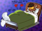  anthro bed blanca_(nicky_illust) blush canid canine canis digital_media_(artwork) domestic_cat domestic_dog duo felid feline felis female fur furniture hair male male/female mammal nicky_illust nordic_sled_dog samoyed simple_background siroc_(character) sleeping sleepover spitz under_blanket white_body 