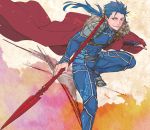 1boy abs armor beads blue_hair bodysuit cape cu_chulainn_(fate)_(all) earrings fate/stay_night fate_(series) fur-trimmed_cape fur_trim gae_bolg hair_beads hair_ornament holding holding_polearm holding_weapon jewelry lancer long_hair male_focus pauldrons polearm ponytail red_eyes shoulder_armor skin_tight smile solo spiked_hair type-moon weapon yanami 