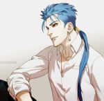  1boy artist_name beads bifanghuanshi blue_hair buttons closed_mouth collared_shirt cu_chulainn_(fate)_(all) dated earrings fate/stay_night fate_(series) hair_beads hair_ornament jewelry lancer long_hair male_focus ponytail red_eyes shirt simple_background sleeves_rolled_up smile solo spiked_hair type-moon white_background 