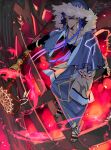  1boy blue_hair capelet closed_mouth cu_chulainn_(fate)_(all) cu_chulainn_(fate/grand_order) earrings fate/grand_order fate_(series) fire full_body fur-trimmed_hood fur_trim greaves harem_pants holding holding_weapon hood hood_up hooded_capelet jewelry long_hair male_focus pants pota_(bluegutty) red_eyes smile solo staff toeless_legwear type-moon weapon wooden_staff 