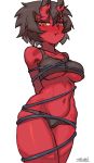  1girl arms_behind_back black_bra black_hair black_panties blush bound bra breasts cleavage closed_mouth commentary english_commentary horns jitome kidouko_(zakusi) large_breasts looking_at_viewer navel oni oni_horns orange_eyes original panties red_horns red_oni red_skin short_hair signature simple_background solo standing underboob underwear white_background zakusi 