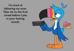 2020 anthro avian beak biped bird black_eyes blue_body blue_feathers dialogue digital_media_(artwork) english_text feathers froot_loops grey_background gun half-closed_eyes handgun happyroadkill hi_res holding_gun holding_object holding_weapon kellogg&#039;s male mascot multicolored_beak multicolored_body multicolored_feathers narrowed_eyes profanity ranged_weapon simple_background solo standing text toucan toucan_sam weapon 
