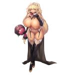  1girl ass_visible_through_thighs black_gloves black_legwear blonde_hair blush bouquet breasts crossed_ankles dark_elven_forest_ranger dark_skin elbow_gloves elf flower full_body garter_belt gloves hair_between_eyes hairband hand_on_own_chest highres huge_breasts last_origin leaning_forward long_hair maebari navel official_art open_mouth pasties pointy_ears purple_eyes revealing_clothes shiny shiny_skin simple_background snowball22 solo standing thigh_gap thighhighs transparent_background two_side_up very_long_hair 