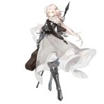  1girl alternate_costume armor armored_boots aug_(girls_frontline) boots breastplate character_name closed_mouth crossed_legs flower full_body gauntlets girls_frontline hair_between_eyes hair_flower hair_ornament hair_ribbon holding knight long_hair medieval mole mole_under_eye official_art pink_hair plate_armor ribbon shoulder_armor smile_(mm-l) solo transparent_background watson_cross white_flower yellow_eyes 