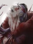  1boy blood blood_on_face blue_hair cu_chulainn_(fate)_(all) cu_chulainn_alter_(fate/grand_order) dark_blue_hair dark_persona earrings facepaint fangs fate/grand_order fate_(series) floating_hair fur head_back highres jewelry long_hair looking_at_viewer male_focus monster_boy open_mouth outin ponytail red_eyes saliva sharp_teeth slit_pupils solo spikes teeth tongue type-moon 