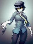  1girl bangs black_hair black_pants blue_shirt breasts collared_shirt glitch grey_background gun handgun hat highres holding holding_gun holding_weapon medium_breasts necktie pants persona persona_4 shirogane_naoto shirt short_hair simple_background smile solo weapon yellow_eyes yellow_neckwear yuuten 