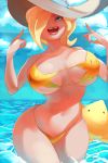  1girl absurdres bikini blonde_hair blue_eyes breasts cloud commentary curvy hair_over_one_eye hat highres large_breasts lipstick long_hair looking_at_viewer luma_(mario) makeup mario_(series) milkriot rosalina sky smile solo super_mario_bros. super_mario_galaxy swimsuit teeth thick_thighs thighs water wide_hips yellow_bikini 