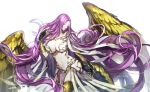  1girl breasts bustier claws cleavage_cutout closed_eyes clothing_cutout fate/grand_order fate_(series) gorgon gorgon_(fate) highres huge_breasts koshika_rina long_hair monster_girl navel pelvic_curtain purple_hair scales simple_background snake snake_tail tail very_long_hair wings 