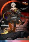  1girl alternate_costume boots cleaners crossover damaged english_text firefighter flamethrower gas_tank girls_frontline gloves grey_hair gun kriss_vector official_alternate_costume official_art submachine_gun tom_clancy&#039;s_the_division torn_clothes trigger_discipline weapon yellow_eyes 