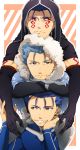  3boys angry armor blue_hair bodypaint capelet chin_rest closed_mouth crossed_arms cu_chulainn_(fate)_(all) cu_chulainn_alter_(fate/grand_order) dark_persona earrings elbow_gloves facepaint fang fangs fate/grand_order fate/stay_night fate_(series) frown fuji121 fur fur-trimmed_hood fur_trim gloves grin highres hood hood_up hooded_capelet jewelry lancer looking_at_viewer looking_to_the_side male_focus multiple_boys multiple_persona pauldrons red_eyes shoulder_armor skin_tight smile spiked_hair type-moon 