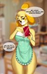  absurd_res animal_crossing anthro apron breasts canid canine canis cellphone clothing dialogue domestic_dog english_text female hi_res isabelle_(animal_crossing) mammal nintendo phone shih_tzu solo text toy_dog video_games zhadart 