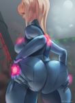  ass ass_support blonde_hair blue_eyes bodysuit breasts highres huge_ass large_breasts long_hair looking_at_viewer looking_back metroid milkriot ponytail samus_aran twitter_username zero_suit 