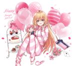  1girl 2girls animal_print balloon blonde_hair blue_ribbon bouquet bow cable cake cat_ear_headphones cat_print character_doll character_name character_request confetti cupcake dated drawstring envelope flower food fruit gift gradient_hair grin hand_on_headphones happy_birthday headphones headphones_around_neck heart_balloon hood hood_down hoodie horizontal_stripes ienaga_mugi invisible_floor knees_up long_hair long_sleeves looking_at_viewer milluun multicolored_hair multiple_girls nijisanji paw_print_pattern pink_stripes polka_dot_balloon red_bow ribbon sign simple_background slippers smile solo strawberry striped tag tiered_tray toenails tulip very_long_hair virtual_youtuber wax_seal white_background yellow_eyes yuuhi_riri 