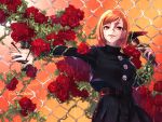  1girl aizawa_(nh_st) bangs belt black_jacket black_skirt brown_belt brown_eyes brown_hair buttons chain-link_fence cowboy_shot eyebrows_visible_through_hair fence flower hair_between_eyes hair_strand hammer hands_up holding holding_hammer jacket jujutsu_kaisen kugisaki_nobara long_sleeves looking_at_viewer nail open_mouth outdoors parted_bangs plant pleated_skirt rain rose school_uniform skirt smile solo straw_doll twitter_username vines weapon wet_face 