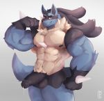  2020 5_fingers anthro biceps big_muscles big_penis black_body black_fur black_nipples black_nose blue_body blue_fur bodily_fluids erection fingers flexing fur genital_fluids genitals grin hi_res huge_muscles humanoid_genitalia humanoid_hands humanoid_penis looking_at_viewer lucario makowolf1 male muscular muscular_anthro muscular_male nintendo nipples nude penis pok&eacute;mon pok&eacute;mon_(species) precum red_eyes simple_background smile solo standing tan_body tan_fur vein veiny_muscles veiny_penis video_games 