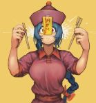  1girl blue_hair bow breasts broken_chopsticks chanta_(ayatakaoisii) chopsticks closed_mouth dress hair_bow half-split_chopsticks highres holding holding_chopsticks huge_breasts jiangshi jiangshi_(chanta) long_hair looking_at_viewer newtype_flash ofuda_on_clothes original red_bow red_dress red_eyes sash short_sleeves solo sweat translation_request upper_body wide-eyed yellow_background 