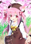 1girl 1other absurdres animal_ear_fluff animal_ears azur_lane brown_dress brown_headwear cat_ears cat_tail cherry_blossoms dress fang flower hat highres holding_hands kisaragi_(azur_lane) long_hair nail_polish open_mouth outdoors petals pink_eyes pink_hair pone ribbon shirt smile tail tree two_side_up watch white_shirt wristwatch 