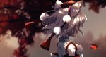  1girl animal_ears autumn_leaves blurry blurry_background commentary_request depth_of_field detached_sleeves dise duplicate from_behind hat inubashiri_momiji leaf maple_leaf pom_pom_(clothes) shirt short_hair solo tokin_hat touhou upper_body weapon white_hair white_shirt wolf_ears 