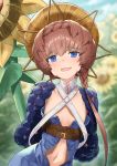  1girl :d arms_behind_back bangs blue_eyes blurry blurry_background blush braid brown_headwear character_request day depth_of_field eyebrows_visible_through_hair fate/grand_order fate_(series) flat_chest flower long_hair long_sleeves looking_at_viewer navel open_mouth outdoors revealing_clothes single_braid smile solo striped striped_headwear sunflower tyone upper_body 
