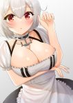  1girl :o absurdres anchor_choker apron arm_under_breasts azur_lane blush breasts cleavage collarbone commentary_request dutch_angle eyebrows_visible_through_hair fingernails gradient gradient_background grey_background hand_up highres large_breasts looking_at_viewer maid_apron onabe_no_shime parted_lips puffy_short_sleeves puffy_sleeves red_eyes short_hair short_sleeves silver_hair simple_background sirius_(azur_lane) solo standing upper_body 