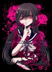  1girl bangs black_background brown_hair collarbone criis-chan cropped_torso danganronpa english_text floral_print flower hair_ornament hair_scrunchie hairclip hand_up harukawa_maki holding holding_knife index_finger_raised knife long_arms long_hair looking_at_viewer mole mole_under_eye new_danganronpa_v3 one_eye_closed pink_background pink_blood red_eyes red_shirt sailor_collar school_uniform scrunchie shirt solo spider_lily symbol_commentary tumblr_username upper_body watermark web_address 