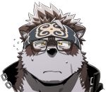  1boy 1other animal_ears bara black-framed_eyewear black_jacket blush chest_hair close-up face furry glasses grey_fur grey_hair headband horkeu_kamui_(tokyo_houkago_summoners) jacket looking_at_viewer male_focus open_mouth pince-nez portrait rossciaco short_hair solo_focus tail tokyo_houkago_summoners two-tone_fur white_fur wolf_boy wolf_ears wolf_tail yellow_eyes 
