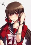  1girl adjusting_hair bangs black_hair blunt_bangs blush bow brown_hair collarbone crescent crescent_earrings criis-chan danganronpa earrings grey_background hair_ornament hair_scrunchie hand_in_hair harukawa_maki jewelry long_hair looking_at_viewer low_twintails mole mole_under_eye new_danganronpa_v3 pink_bow planet_earrings pleated_skirt red_eyes red_scrunchie red_shirt sailor_collar school_uniform scrunchie serafuku shiny shiny_hair shirt simple_background skirt sleeves_pushed_up solo star_(symbol) star_print symbol_commentary twintails upper_body very_long_hair watermark web_address 