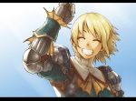  1girl :d armor belt blonde_hair blue_background breastplate character_request closed_eyes elbow_pads facing_viewer gauntlets guchico hand_up letterboxed miniskirt monster_hunter open_mouth short_hair skirt smile solo upper_body 
