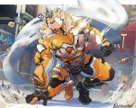  1boy abs animal_ears animal_print bara bare_pecs barefoot beige_fur bodysuit brown_gloves bulge cancerdoge cape covered_abs facial_hair forked_eyebrows full_body furry gloves goatee lightning live_a_hero male_focus muscle navel nipples orange_bodysuit orange_eyes orange_fur pectorals ryekie_(live_a_hero) short_hair solo tail tiger_boy tiger_ears tiger_print tiger_tail torn_bodysuit torn_cape torn_clothes two-tone_fur white_cape 