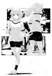  1girl animal_ears cat_ears cat_girl cat_tail eyebrows_visible_through_hair highres leoharju monochrome open_mouth original outdoors ponytail running shirt shoes shorts sneakers socks tail 