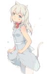  1girl animal_ears blue_dress cat_ears cat_girl cat_tail dress grey_hair leoharju looking_at_viewer neck_bell original signature simple_background sleeveless sleeveless_dress solo tail thighhighs white_background 
