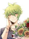  1boy amami_rantarou antenna_hair bangs bouquet bracelet closed_mouth collarbone commentary_request criis-chan danganronpa ear_piercing earrings flower green_eyes green_hair holding holding_bouquet holding_flower jewelry looking_at_viewer male_focus messy_hair necklace new_danganronpa_v3 piercing portrait red_flower shirt short_hair simple_background sleeves_past_elbows smile solo striped striped_shirt sunflower upper_body white_background white_flower 
