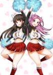  2girls absurdres black_hair breasts cheering cheerleader eyebrows_visible_through_hair hair_ribbon heart heart_background highres hime_cut hiyou_(kantai_collection) holding holding_pom_poms jun&#039;you_(kantai_collection) kantai_collection large_breasts long_hair long_sleeves looking_at_viewer midriff minase_(takaoka_nanase) multiple_girls navel open_mouth pleated_skirt pom_poms purple_eyes purple_hair red_eyes red_legwear ribbon skirt sweat thighs 
