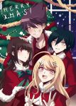  2boys 2girls ahoge akamatsu_kaede alternate_hair_ornament bangs black_hair blonde_hair blush bow brown_eyes brown_hair christmas_tree collarbone commentary criis-chan danganronpa facial_hair fur_trim goatee green_bow green_ribbon grin hair_between_eyes hair_ornament hairclip hand_on_another&#039;s_head harukawa_maki jacket long_hair long_sleeves looking_at_another looking_at_viewer merry_christmas momota_kaito multicolored multicolored_bow multicolored_ribbon multiple_boys multiple_girls new_danganronpa_v3 open_clothes open_jacket open_mouth pout red_eyes red_jacket red_ribbon red_shirt red_sweater ribbon saihara_shuuichi santa_costume shirt short_hair smile snowing sweater upper_teeth v w watermark web_address window 