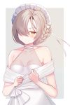  1girl :o azur_lane bare_shoulders beige_background blonde_hair blush braid breasts chestnut_mouth choker cleavage collarbone commentary_request dress hair_over_one_eye half-closed_eyes highres maid_headdress nannann parted_lips see-through sheffield_(azur_lane) short_hair simple_background sleeveless sleeveless_dress small_breasts solo standing two-tone_background upper_body white_background white_dress yellow_eyes 