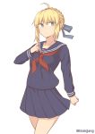  1girl ahoge artoria_pendragon_(all) blue_eyes braid braided_bun clip_studio_paint_(medium) closed_mouth fate/stay_night fate_(series) hand_up highres long_sleeves looking_at_viewer miniskirt neckerchief pleated_skirt purple_sailor_collar purple_serafuku purple_shirt purple_skirt red_neckwear saber sailor_collar school_uniform serafuku shirt simple_background skirt solo standing texus twitter_username white_background 
