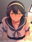  1boy 1girl admiral_(kantai_collection) ahoge bangs black_hair blue_sailor_collar brown_eyes hair_between_eyes hand_on_another&#039;s_shoulder headband highres indoors kantai_collection light_blush long_hair looking_at_viewer military military_uniform naval_uniform pov remodel_(kantai_collection) sailor_collar school_uniform serafuku shingyou_(alexander-13) smile solo_focus uniform ushio_(kantai_collection) 