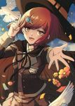  1girl bangs bird black_cape black_jacket brown_cape brown_eyes cape commentary_request criis-chan danganronpa dove flower gem hair_ornament hairclip hand_up hat index_finger_raised jacket long_sleeves looking_at_viewer new_danganronpa_v3 open_mouth outstretched_arm petals pleated_skirt red_flower red_hair ribbon school_uniform shirt short_hair skirt smile solo witch_hat yumeno_himiko 