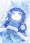  1girl :o bare_tree blue_capelet blue_coat blue_hair blue_mittens blue_theme capelet coat covered_horns fur-trimmed_capelet fur_trim guchico hands_up highres horns long_sleeves looking_at_viewer mittens oni original pale_skin parted_lips snow solo tree upper_body winter_clothes winter_coat 