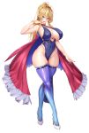  1girl absurdres ahoge artoria_pendragon_(all) artoria_pendragon_(lancer) bangle bangs blonde_hair blue_legwear blue_leotard blush bracelet braid breasts cape cleavage fate/grand_order fate_(series) green_eyes high_heels high_ponytail highres jewelry large_breasts leotard lips long_hair looking_at_viewer nail_polish sakuraoo simple_background solo swept_bangs thigh_strap thighhighs white_background white_footwear wide_hips 