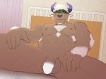  1boy abs animal_ears bara blank_censor camouflage censored chest_hair completely_nude cow_boy cow_ears cow_horns flaccid furry guhze1820 headband highres horns male_focus muscle navel nipples nude pectorals penis purple_eyes purple_horns shennong_(tokyo_afterschool_summoners) short_hair sideburns solo spread_legs testicles thick_thighs thighs tokyo_houkago_summoners white_hair 