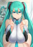  1boy 1girl absurdres aqua_hair bare_shoulders between_breasts blue_eyes breasts cleavage clothed_female_nude_male detached_sleeves facominn hair_ornament hatsune_miku hetero highres huge_breasts long_hair looking_at_viewer necktie necktie_between_breasts nude paizuri poster_(object) twintails very_long_hair vocaloid 