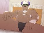  1boy abs animal_ears ass_visible_through_thighs bara black_male_underwear briefs bulge camouflage chest_hair completely_nude cow_boy cow_ears cow_horns flaccid furry guhze1820 headband highres horns male_focus muscle navel nipples nude pectorals purple_eyes purple_horns shennong_(tokyo_afterschool_summoners) short_hair sideburns solo spread_legs thick_thighs thighs tokyo_houkago_summoners underwear underwear_only white_hair 