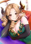  1girl breasts brown_eyes cleavage dated draph drill_hair earrings elbow_gloves gloves granblue_fantasy highres horns jewelry large_breasts light_brown_hair maria_theresa_(granblue_fantasy) on_bed pilokey pointy_ears signature smile 