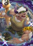  1boy animal_ears bara bare_arms bare_shoulders bulge camouflage camouflage_pants chest_hair covered_abs covered_nipples cow_boy cow_ears cow_horns dynamic_pose flaming_eye foreshortening furry green_tank_top headband horns huge_weapon jaguar_boy looking_to_the_side male_focus mumuthelion muscle open_mouth oversized_object pants pectorals purple_eyes purple_horns sexually_suggestive shennong_(tokyo_afterschool_summoners) short_hair sideburns solo syringe tank_top tentacles tentacles_on_male tezcatlipoca_(tokyo_houkago_summoners) thick_thighs thighs tokyo_houkago_summoners weapon white_hair yin_yang 