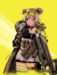  absurdres ammunition_pouch artist_name bangs black_coat black_gloves black_legwear black_skirt breastplate brown_hair bullpup chest_protector choker coat commentary_request cowboy_shot dated double_bun eyebrows eyebrows_visible_through_hair eyewear_on_head fingerless_gloves gas_mask girls_frontline glasses gloves gun hair_bun head_tilt highres holding holding_gun holding_mask holding_weapon hooded_coat jewelry long_coat long_sleeves mask miharu_(cgsky) miniskirt necklace open_clothes open_coat open_mouth p90 p90_(girls_frontline) pouch red_eyes short_hair sidelocks simple_background skirt smile submachine_gun sunglasses sweater tactical_clothes teeth thigh_pouch thigh_strap thighhighs thighs weapon white_sweater yellow_background zettai_ryouiki 