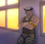  1boy animal_ears bara bare_arms bare_shoulders bulge camouflage chest_hair cow_boy cow_ears cow_horns cowboy_shot crossed_arms furry green_tank_top headband horns katoributa_a leaning_back looking_at_viewer male_focus muscle pectorals purple_eyes purple_horns shennong_(tokyo_afterschool_summoners) short_hair sideburns solo tank_top thighs tokyo_houkago_summoners white_hair 